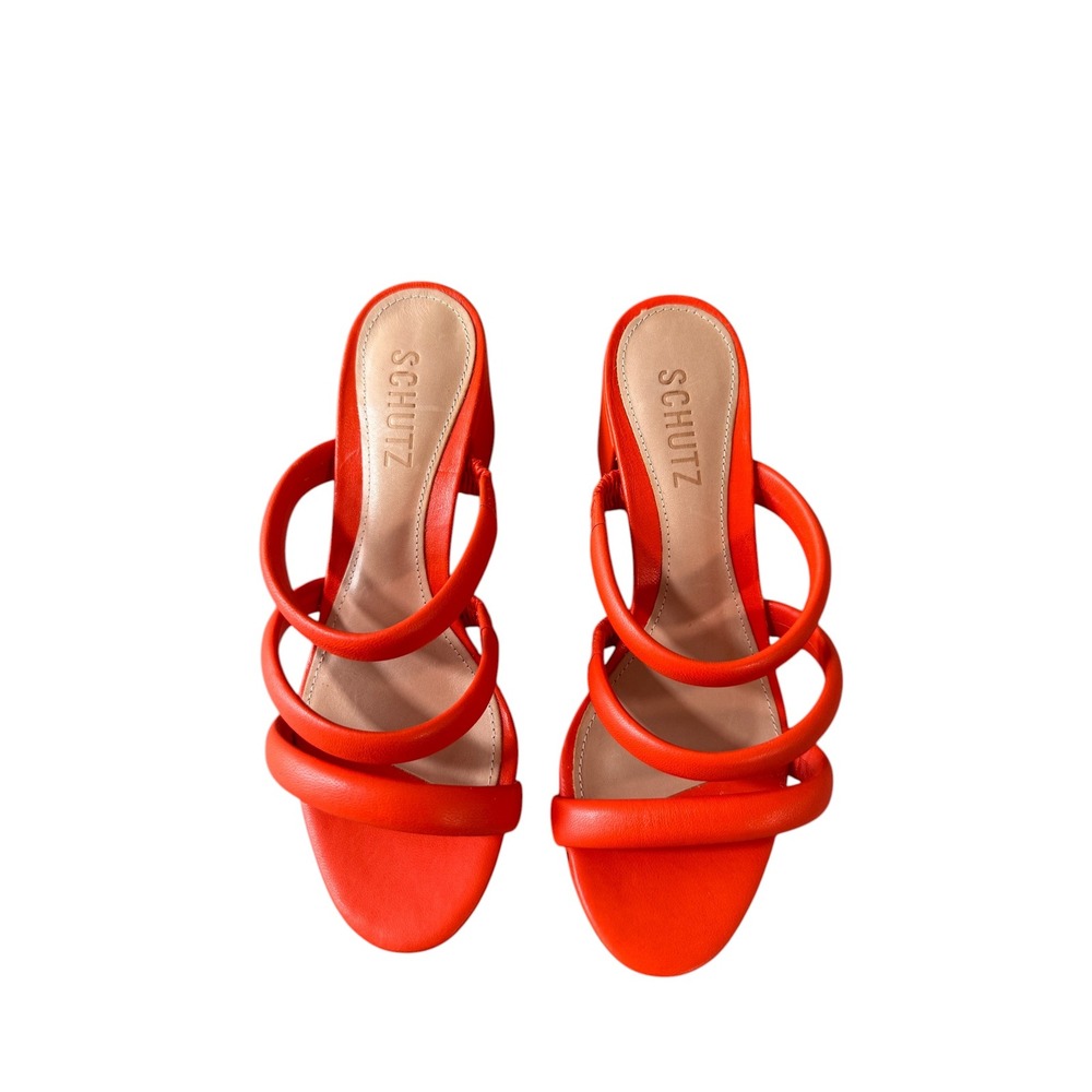 Schutz Olly Mid Block Nappa Leather Strappy Sandals Bright Orange Size 6B
